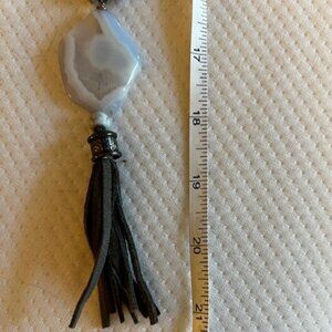 White Pendant Necklace with Leather Tassle